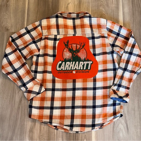 Flannel Refashioned Shirt Carhartt graphic on Buffalo Shirt. Unisex - Picture 2 of 8
